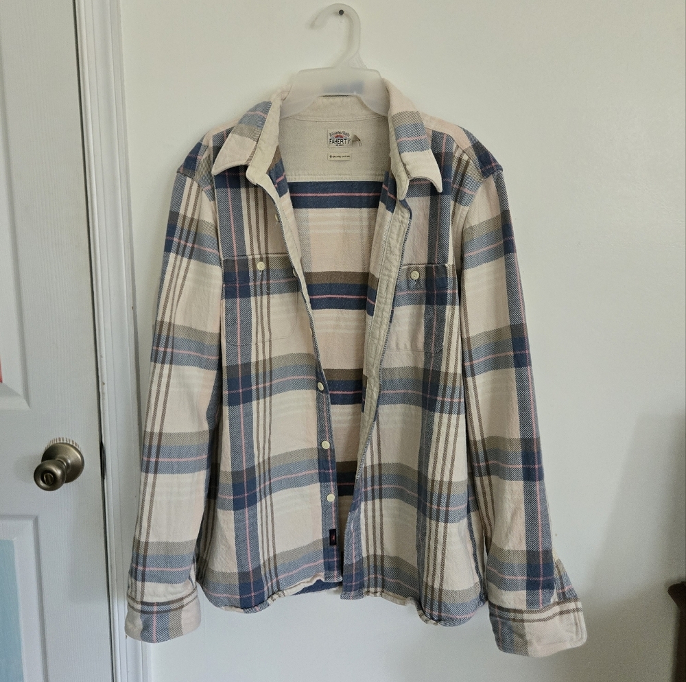 Faherty Cream and Blue Checkered Shirt Jacket